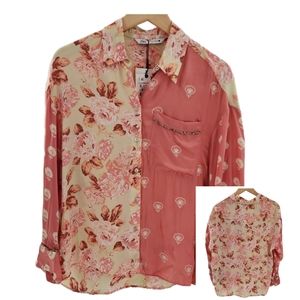 Zara Silia Satin Effect Contrasting Floral Long Sleeve Button Down Women Small
